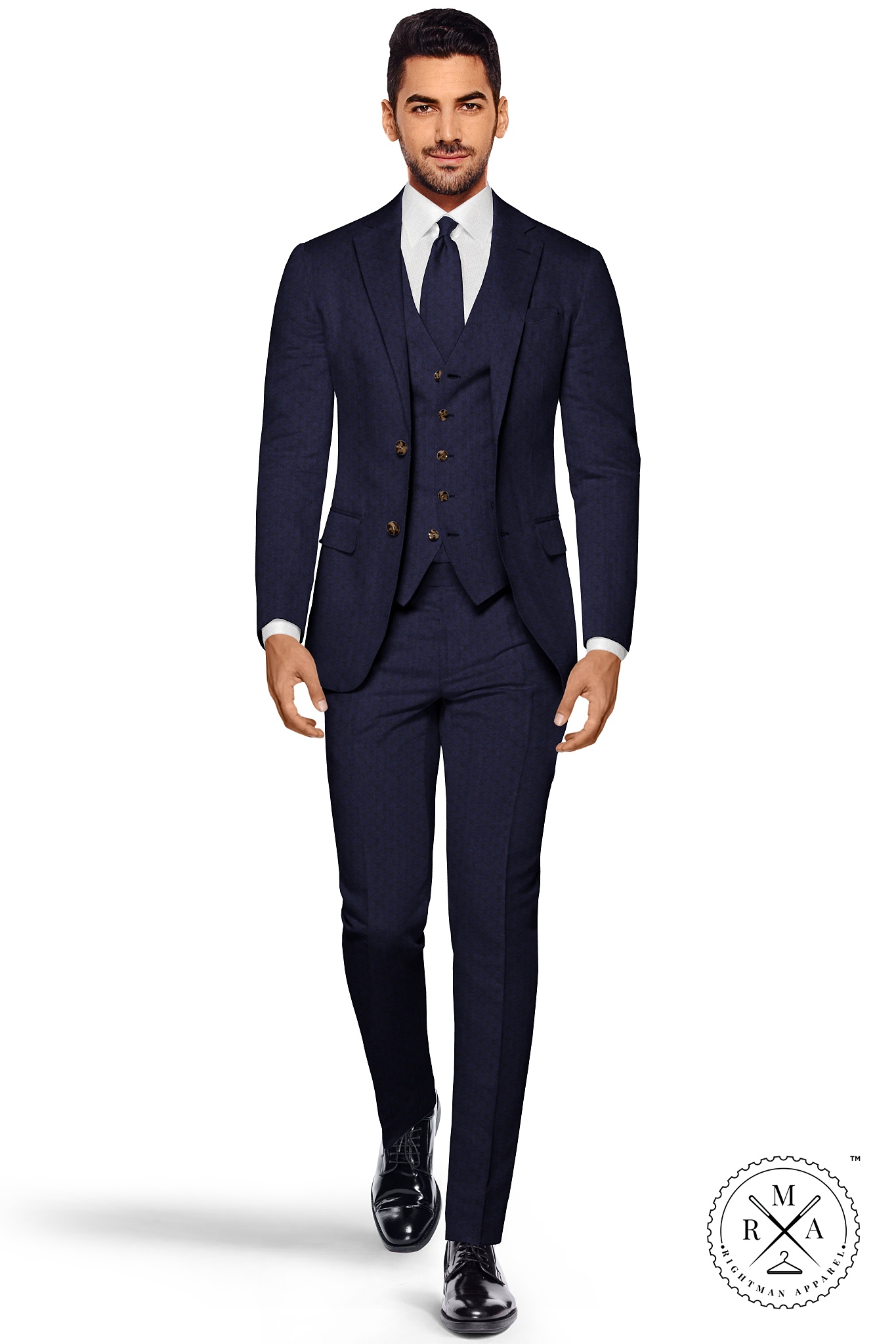 Blue Denim Three Piece Suit With Rhombus Birdseye Pattern SU86